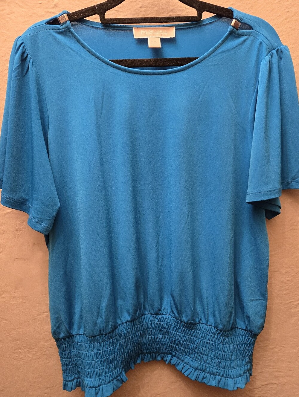 Michael Michael Kors Blue Smocked Hem Blouse Large Silver Logo Top
